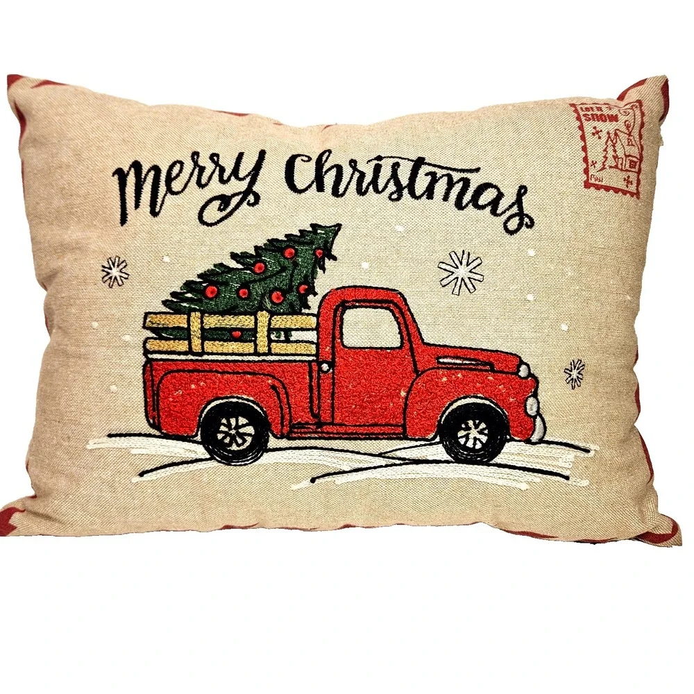 Merry Christmas Decor Throw Pillow Red Truck Tree 18x12 Textured Zipper Closure